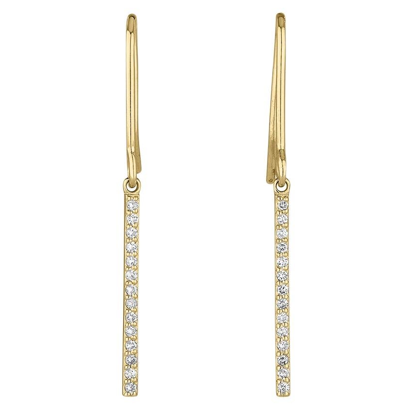 0.20 Carat Pave Diamond Bar Dangle Earrings in 14k Yellow Gold, Shlomit Rogel For Sale