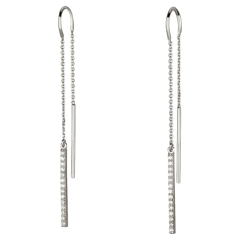 0.20 Carat Pave Diamond Bar Threader Earrings in 14K White Gold, Shlomit Rogel For Sale