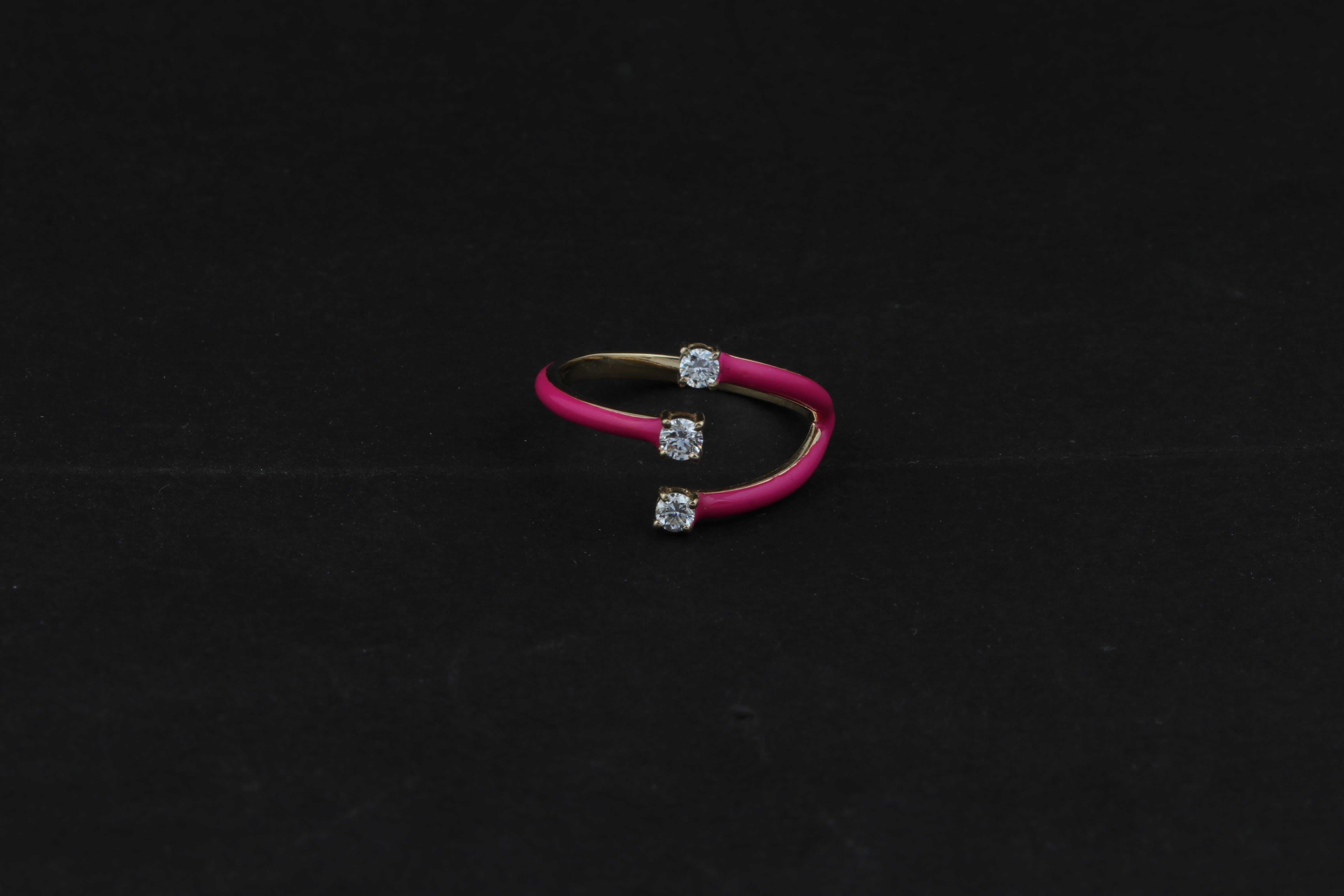 Women's 0.20 Carat SI Clarity HI Color Diamond Enamel Cuff Ring 14k Yellow Gold Jewelry For Sale