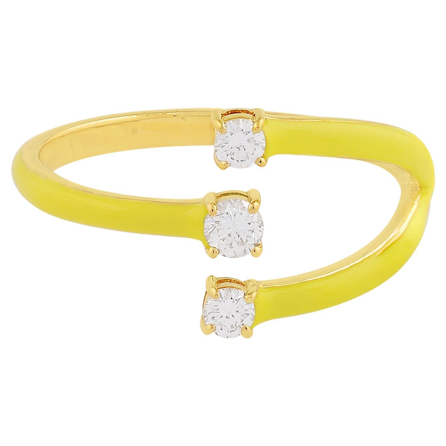0.20 Carat SI Clarity HI Color Diamond Enamel Cuff Ring 14k Yellow Gold Jewelry