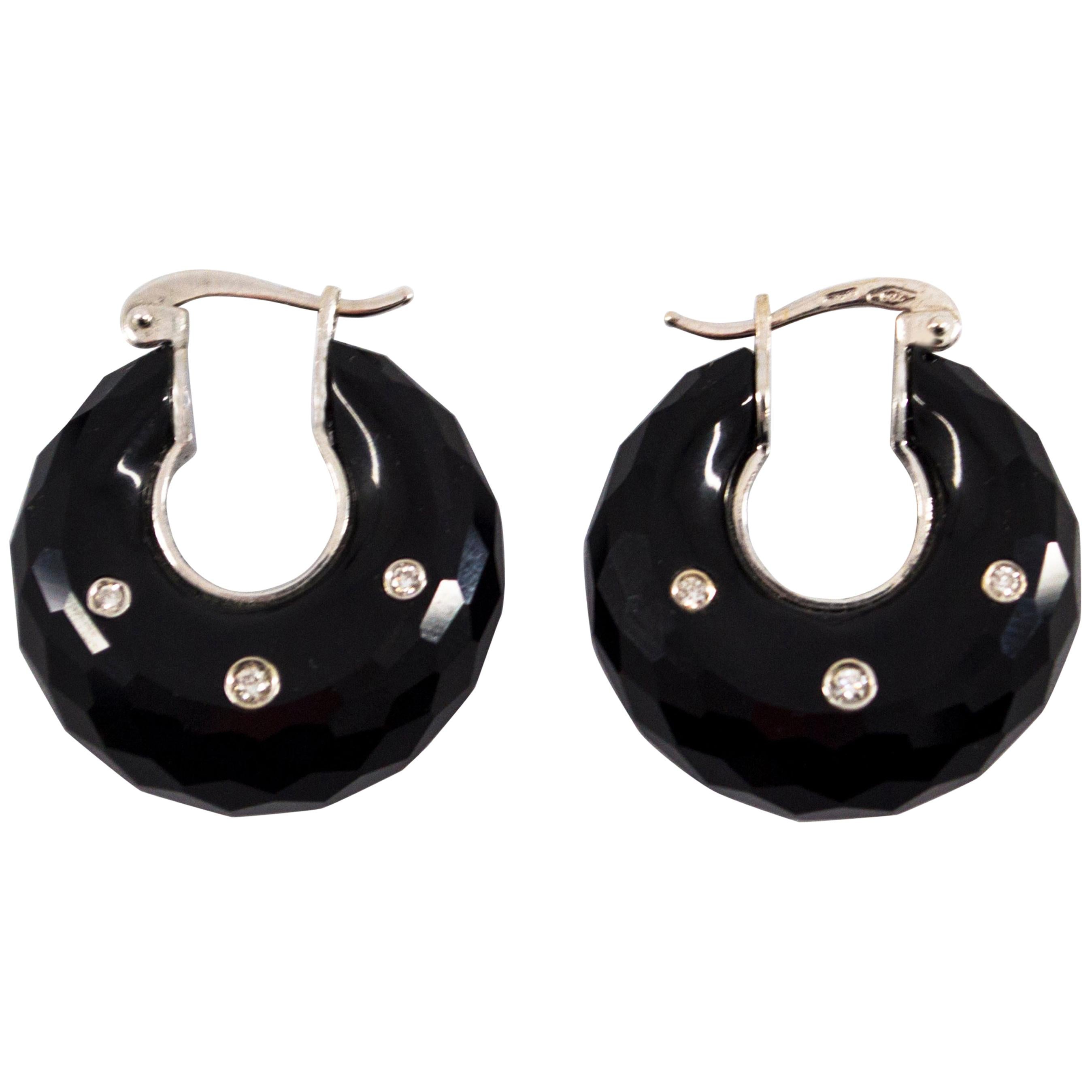 0.20 Carat White Diamond Onyx White Gold Lever-Back Earrings