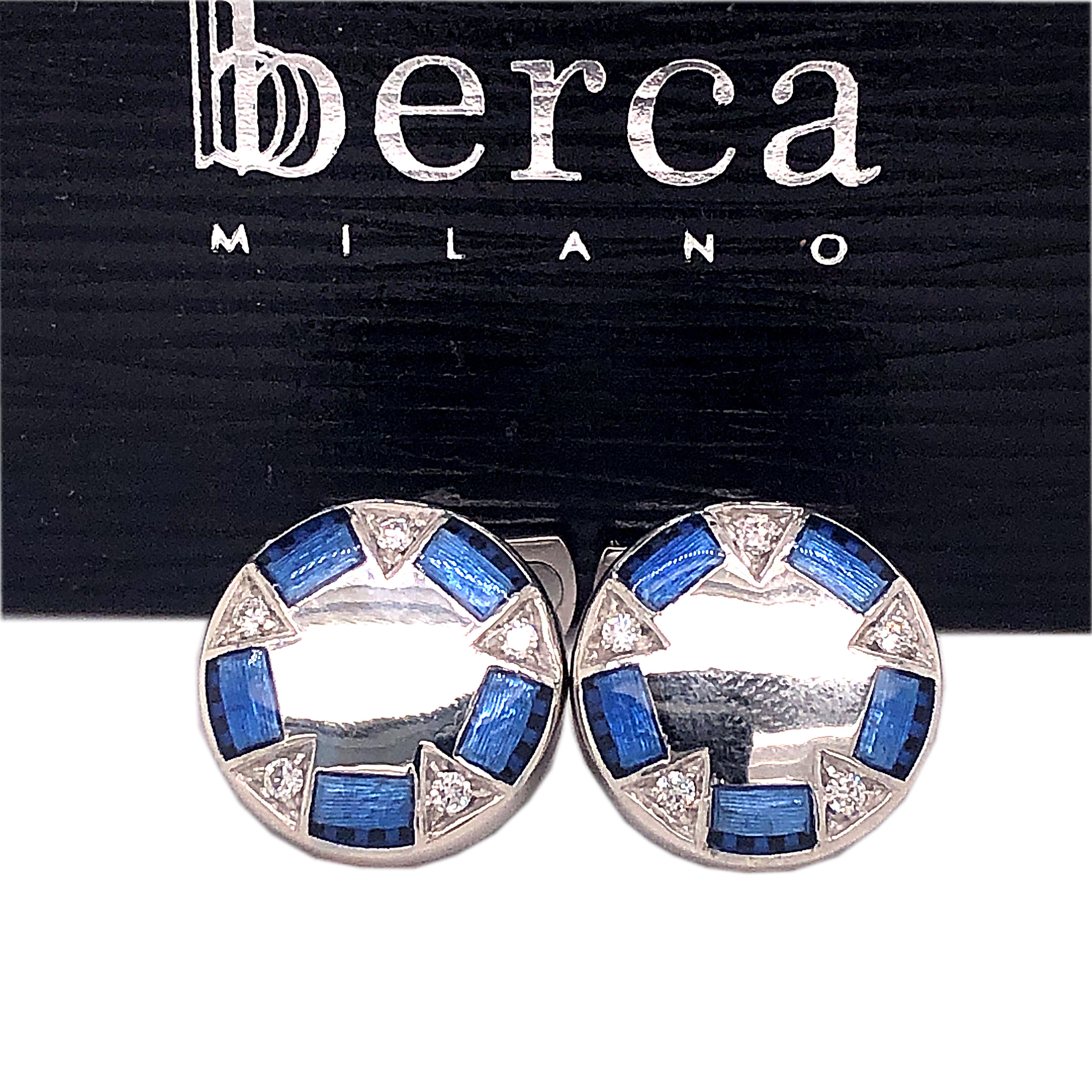 Chic yet Timeless 0.20 Carat D-E White Diamond combined with Navy Blue Hand Enameled Lunettes in a Precious 950 Platinum Setting Round Shaped Cufflinks, T-Bar Back.
Delivered to your door in a smart fitted black box and pouch.
