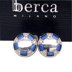 Berca 0.2Kt White Diamond Navy Blue Hand Enameled Lunette 950 Platinum Cufflinks