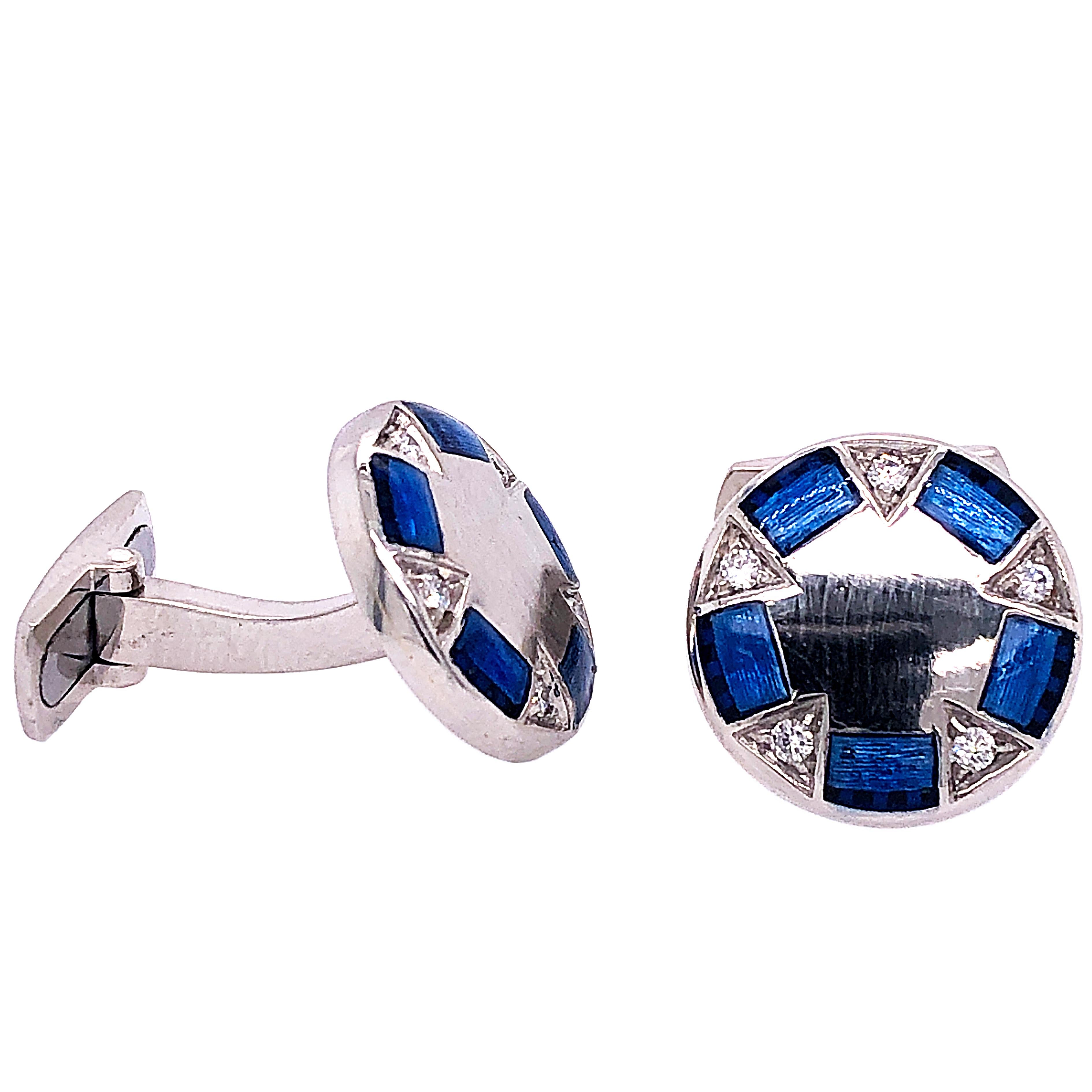 Contemporary Berca 0.2Kt White Diamond Navy Blue Hand Enameled Lunette 950 Platinum Cufflinks For Sale