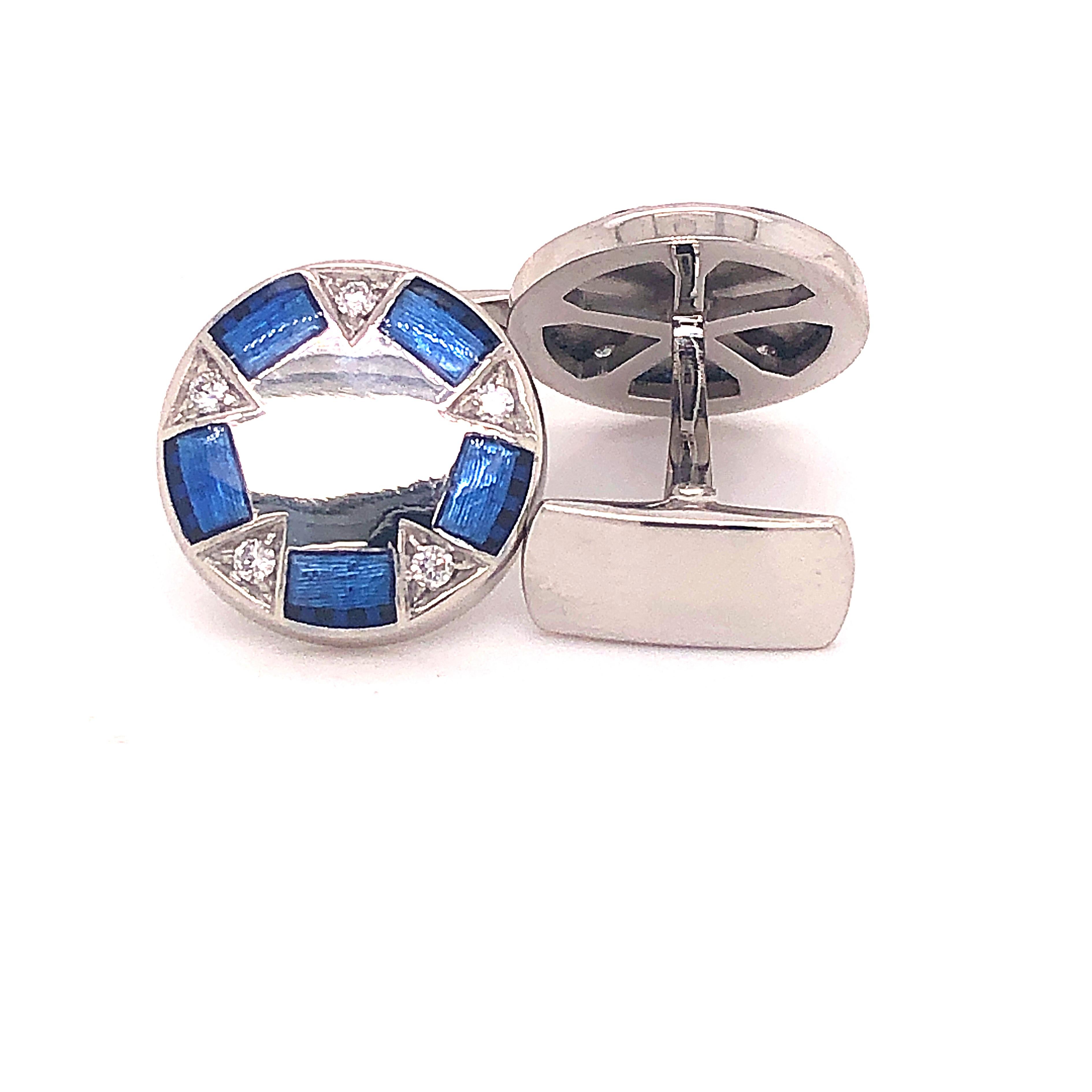 Berca 0.2Kt White Diamond Navy Blue Hand Enameled Lunette 950 Platinum Cufflinks In New Condition For Sale In Valenza, IT
