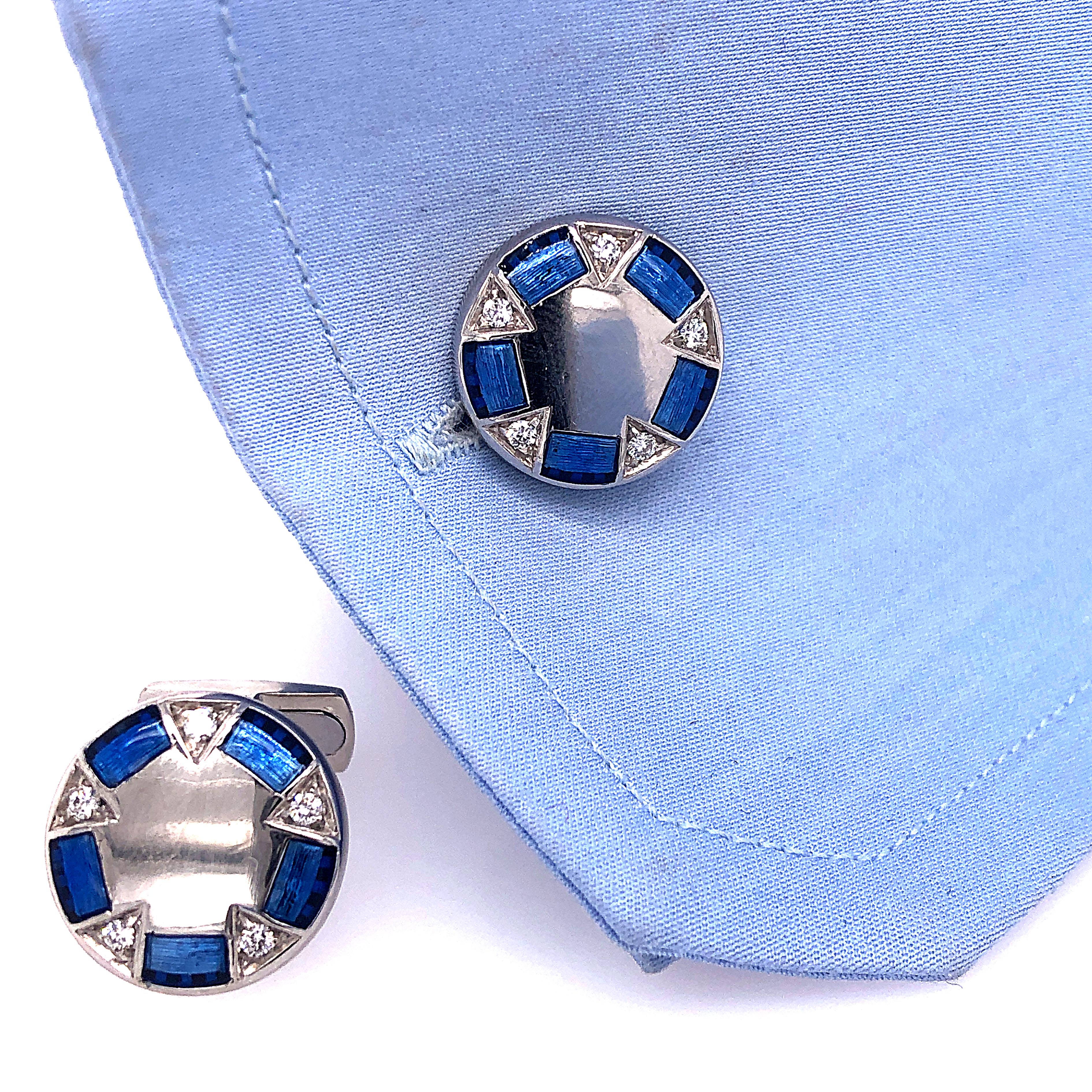 Men's Berca 0.2Kt White Diamond Navy Blue Hand Enameled Lunette 950 Platinum Cufflinks For Sale