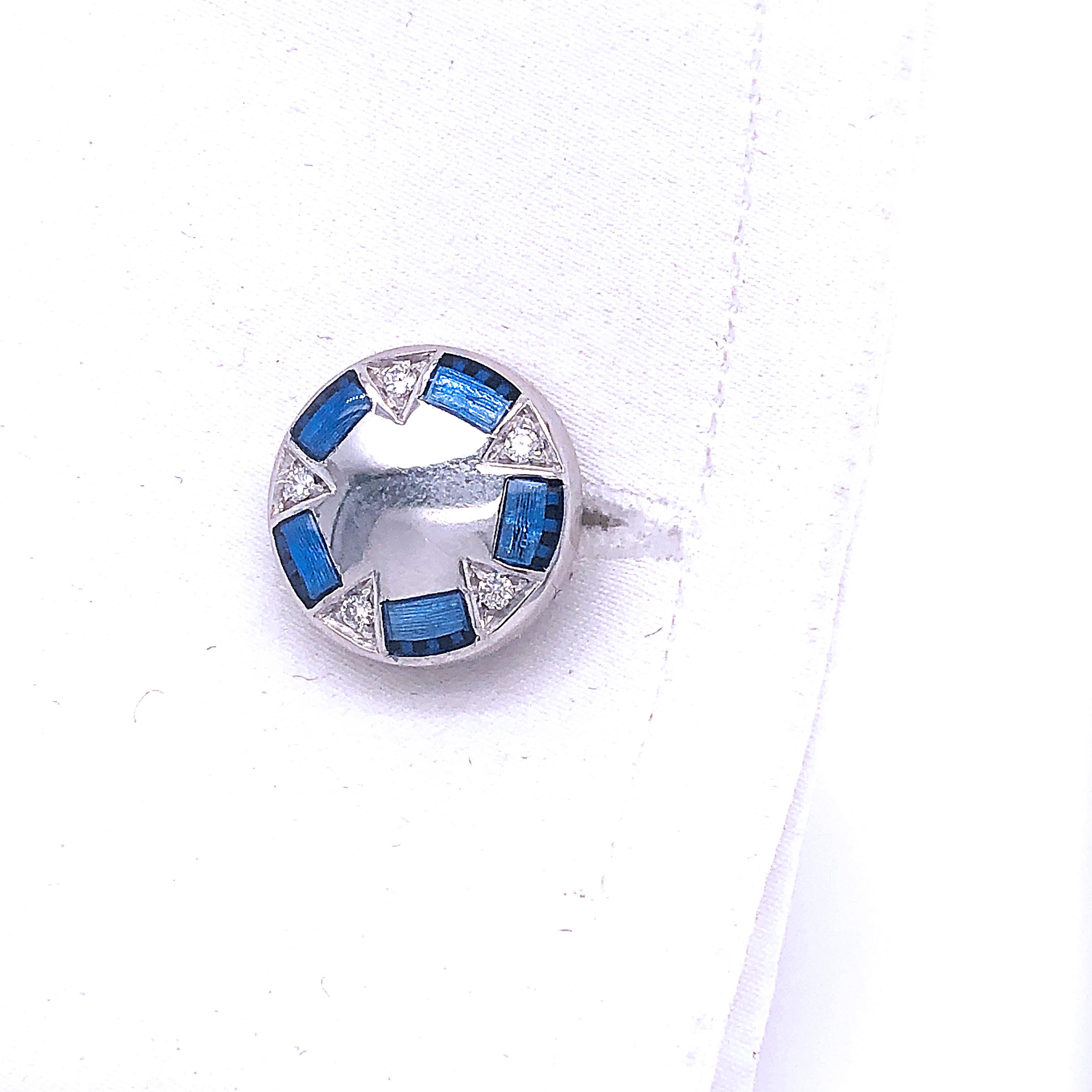 Berca Boutons de manchette Lunette 950 en platine émaillé à la main avec diamants blancs 0,2 carat et bleu marine en vente 1