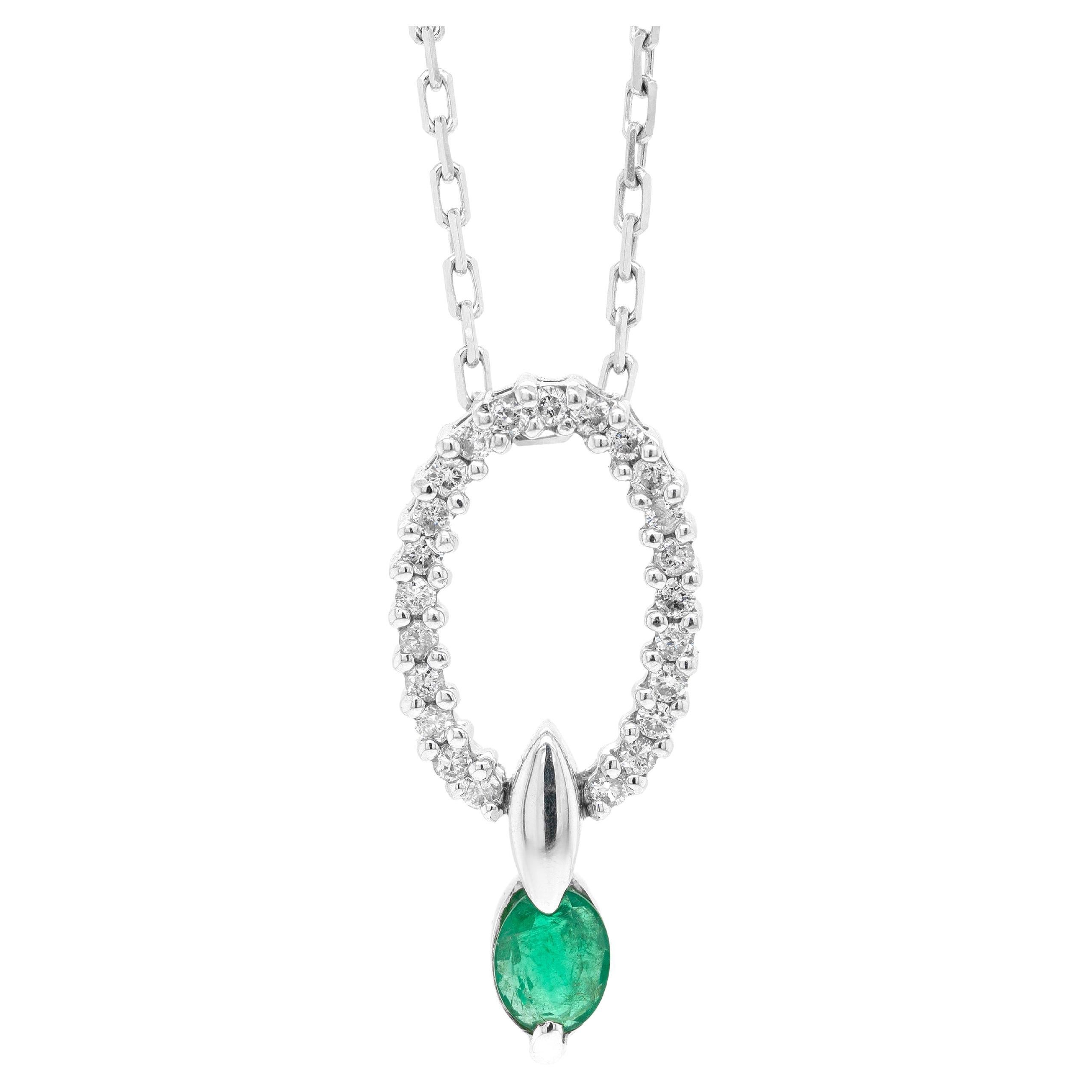 0.20ct Diamond and Emerald 18 Carat White Gold Oval Pendant For Sale