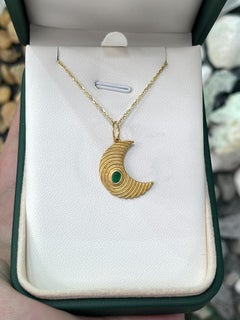 0.20ct Emerald Half Moon Pendant  14K Gold Oval Bezel Textured Finish Charm