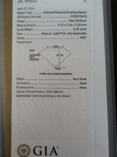 Diamante rosa de 0,20 ct: natural, suelto, color rosa claro «Fancy», certificado por la GIA como VVS1, forma de pera