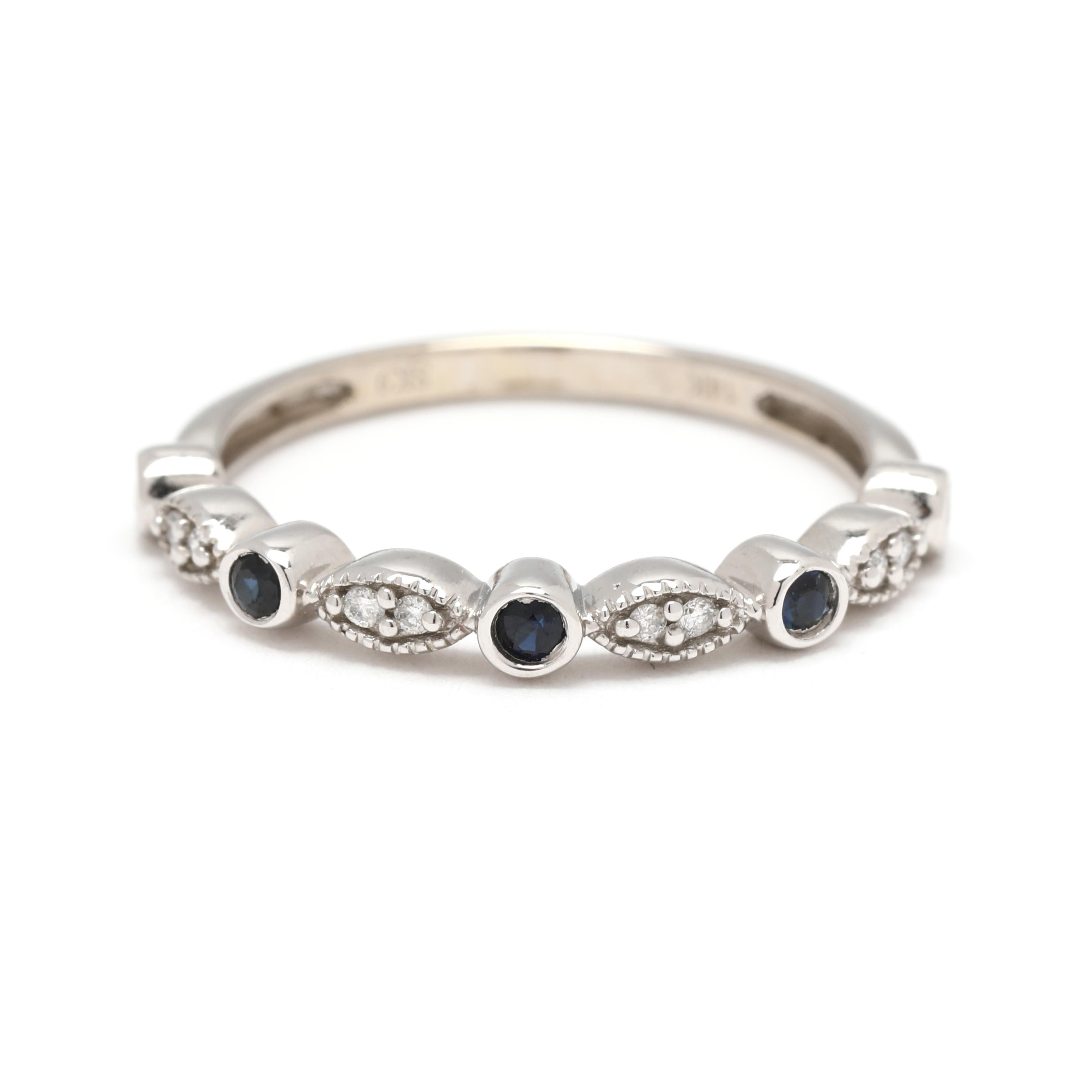 0.20ctw Diamond and Sapphire Band Ring, 14k White Gold, Ring Size 7