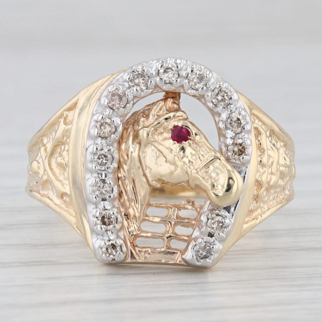 Round Cut 0.20ctw Diamond Horseshoe Horse Ring 14k Gold Size 11.5 Western Lab Created Ruby For Sale