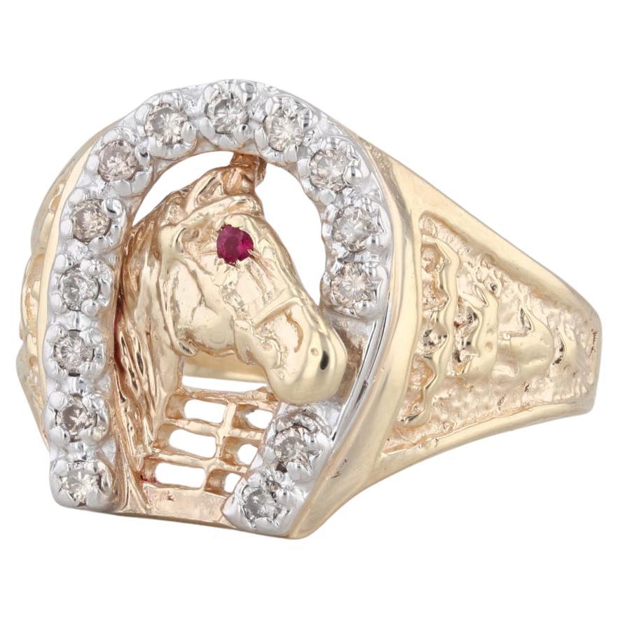 0.20ctw Diamond Horseshoe Horse Ring 14k Gold Size 11.5 Western Lab Created Ruby For Sale