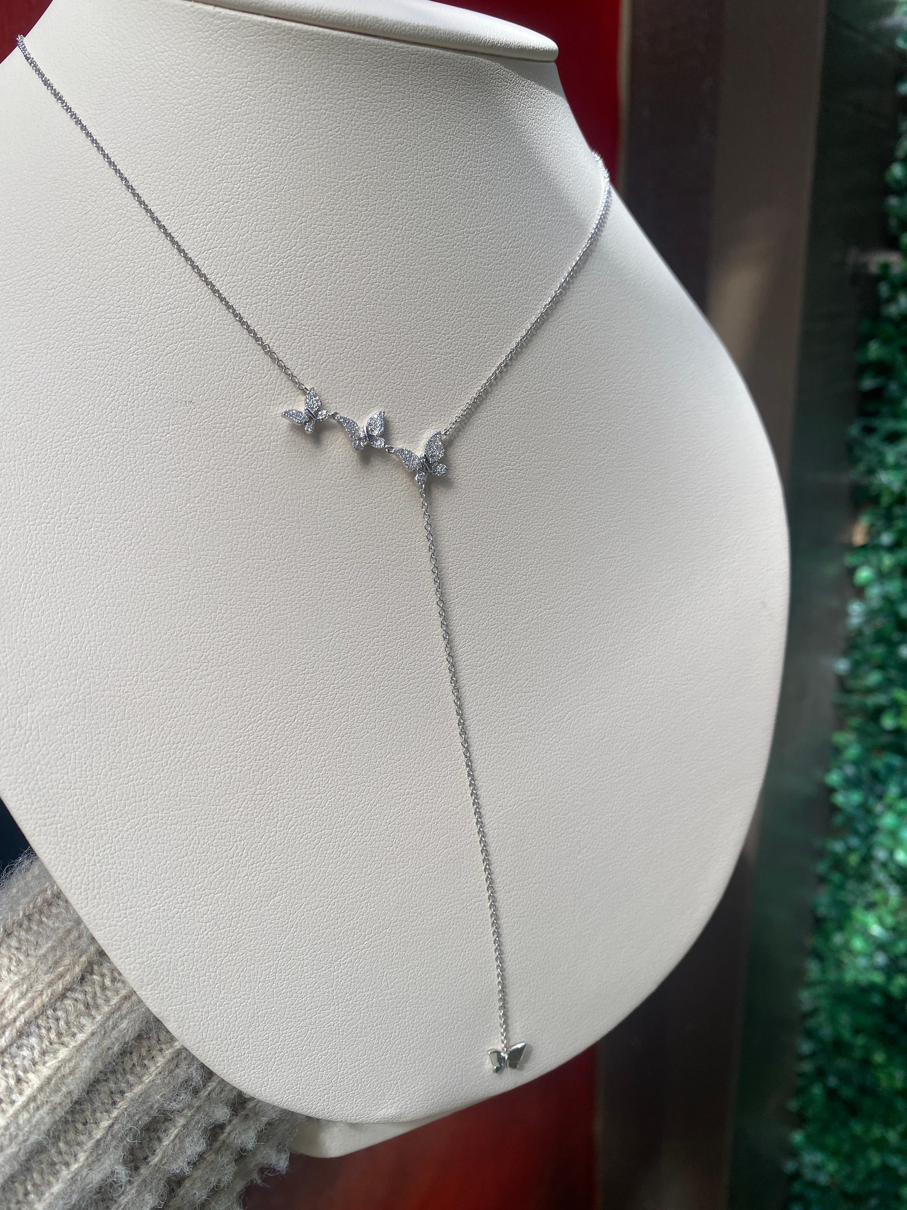 0,20ctw Pave Diamant Schmetterling Lariat Style Halskette, 14 Karat Weißgold (Rundschliff)