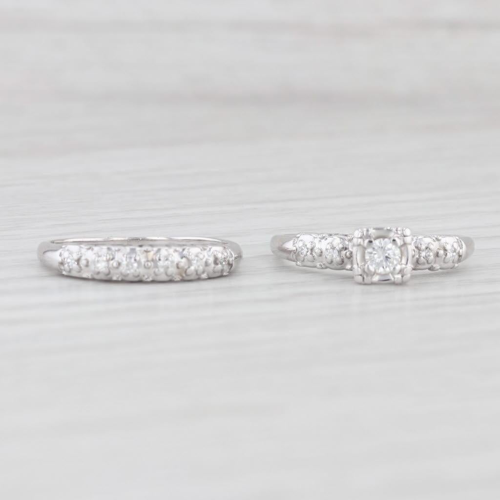 Round Cut 0.20ctw Round Diamond Engagement Ring Wedding Band Bridal Set 14k White Gold For Sale