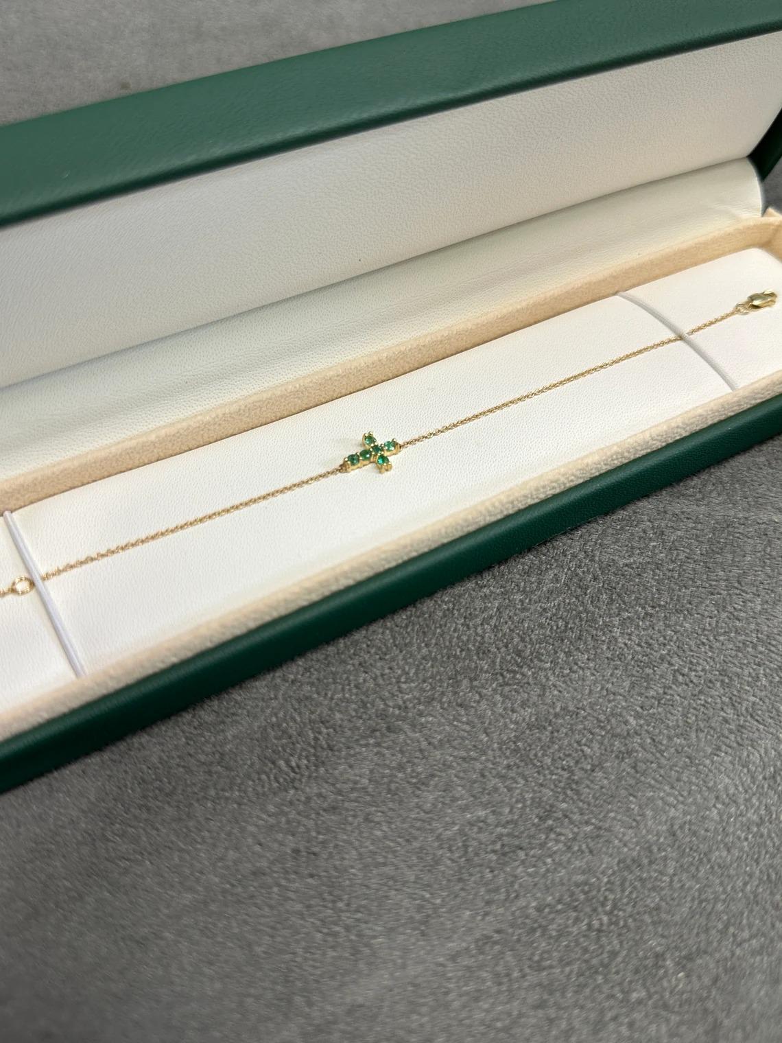 0.20tcw 14K Natural Medium Green Round Cut Emerald Religious Gold Cross Bracelet For Sale 1