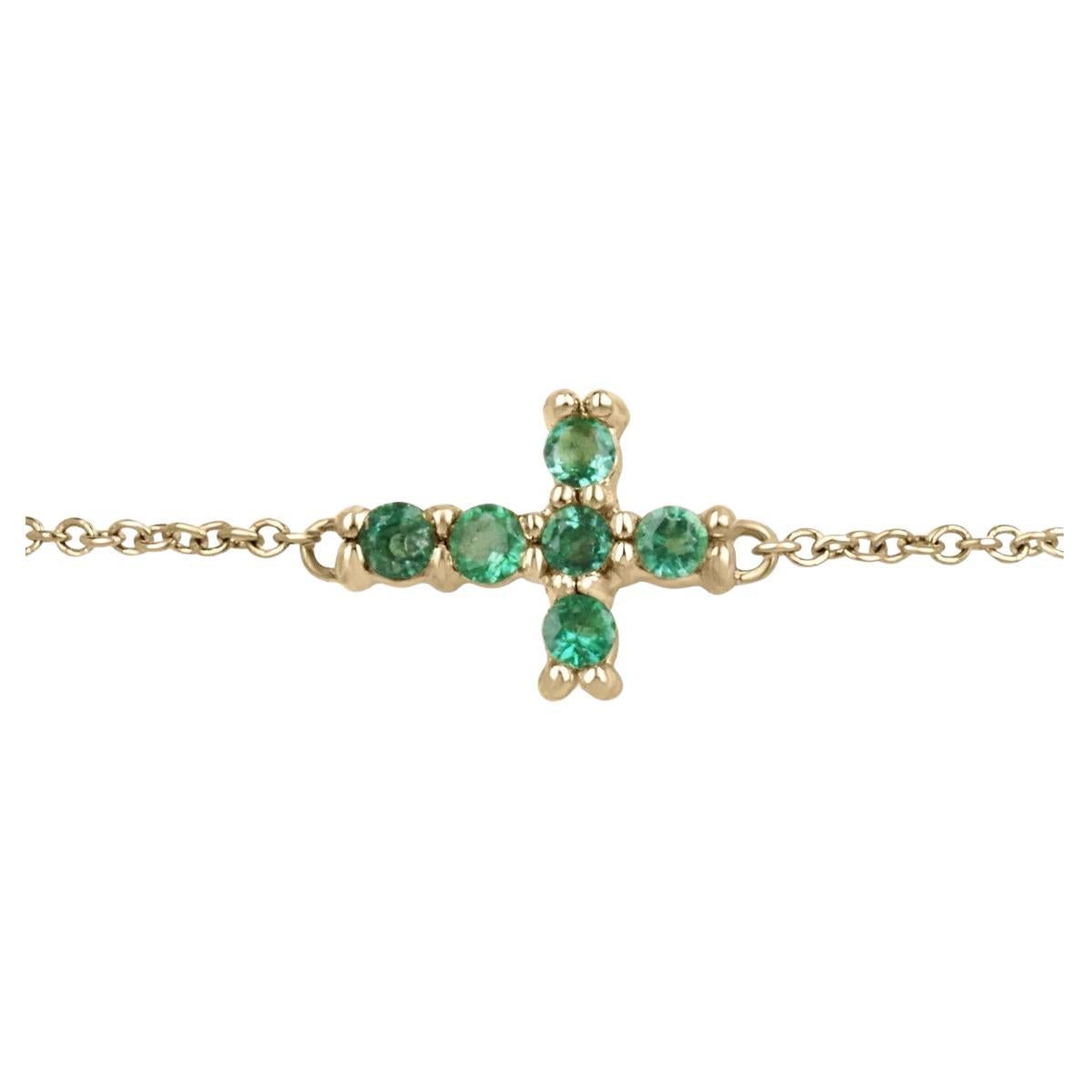 0.20tcw 14K Natural Medium Green Round Cut Emerald Religious Gold Cross Bracelet