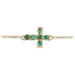 0.20tcw 14K Natural Medium Green Round Cut Emerald Religious Gold Cross Bracelet