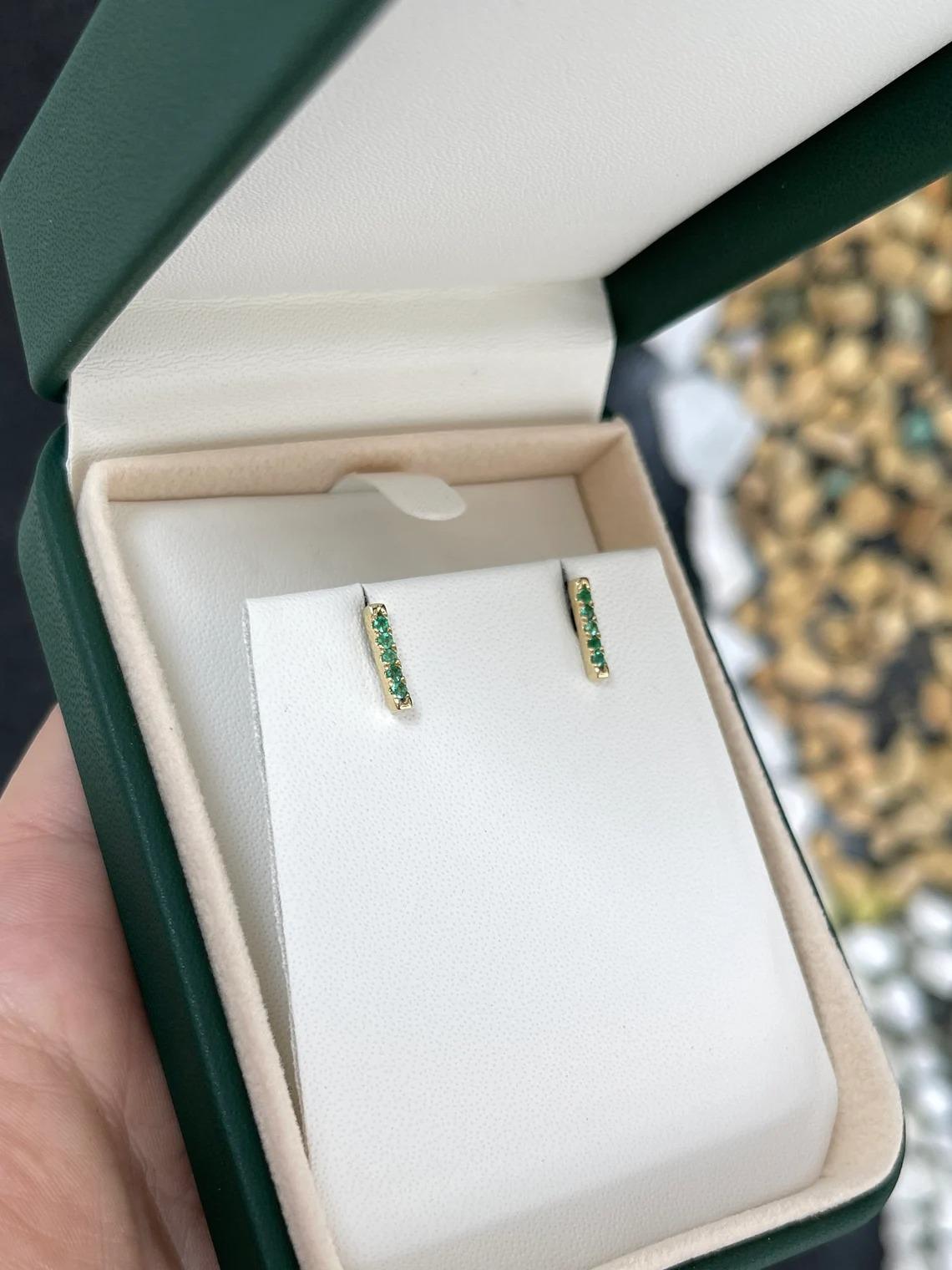 0.20tcw 14K Natural Vivid Green Round Cut Emerald Petite Gold Bar Stud Earrings For Sale 1