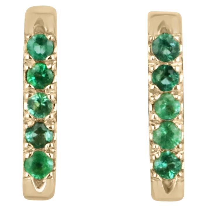 0.20tcw 14K Natural Vivid Green Round Cut Emerald Petite Gold Bar Stud Earrings For Sale