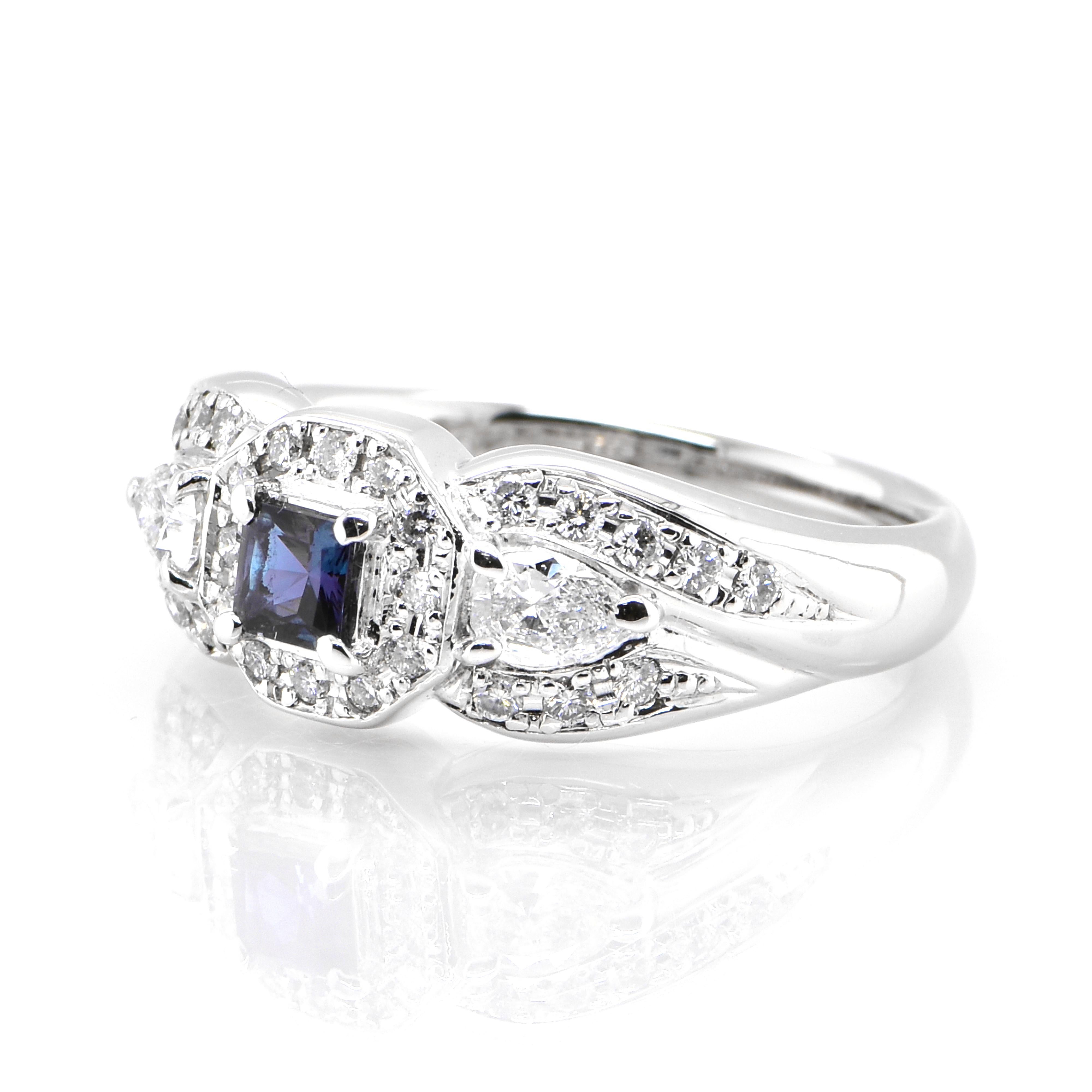 Octagon Cut 0.21 Carat Color-Changing Alexandrite and Diamond Ring set in Platinum For Sale