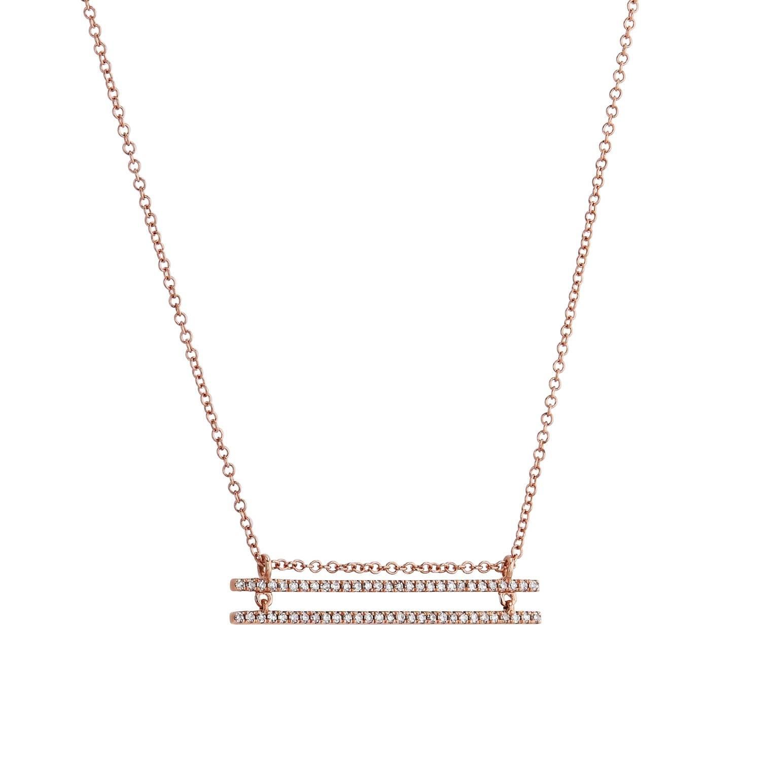 0.21 carat of pave set diamond adorn a 14 karat rose gold horizontal double bar on hinge in this pendant necklace.