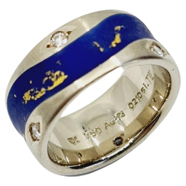 0.21 Carat Diamond Ring G/SI1 18k White Gold, Blue / Yellow Enamel, 6 Brillants For Sale