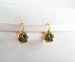 0.21 Carat White Rose Cut Diamond Emerald Yellow Gold Lever-Back Dangle Earrings