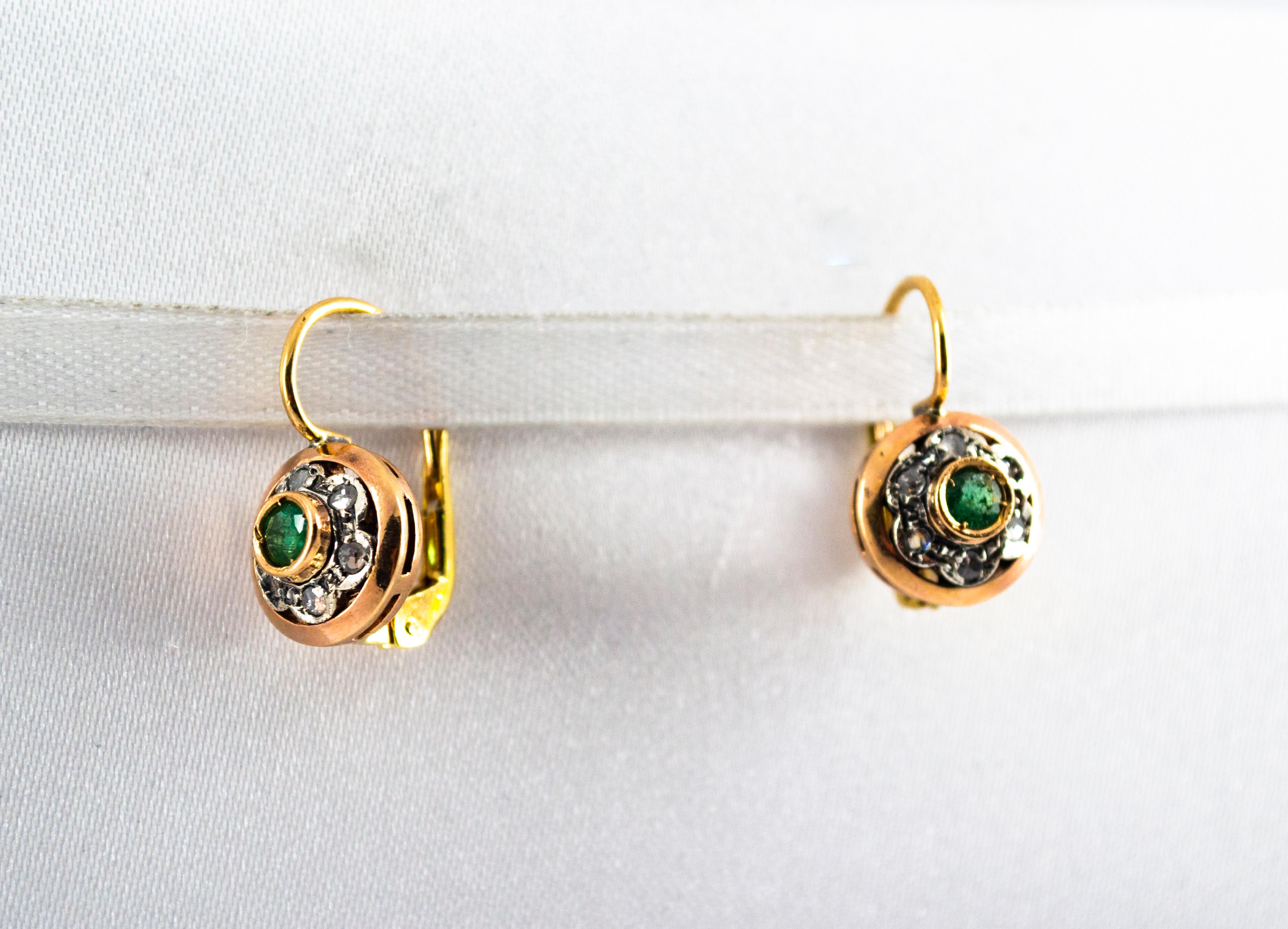 Women's or Men's 0.21 Carat White Rose Cut Diamond Emerald Yellow Gold Lever-Back Dangle Earrings