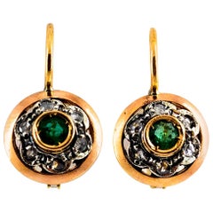 0.21 Carat White Rose Cut Diamond Emerald Yellow Gold Lever-Back Dangle Earrings