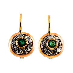 0.21 Carat White Rose Cut Diamond Emerald Yellow Gold Lever-Back Dangle Earrings