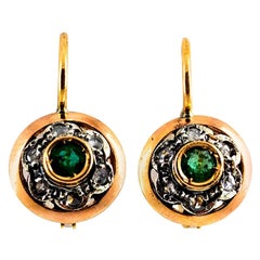 0.21 Carat White Rose Cut Diamond Emerald Yellow Gold Lever-Back Dangle Earrings