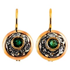 0.21 Carat White Rose Cut Diamond Emerald Yellow Gold Lever-Back Dangle Earrings