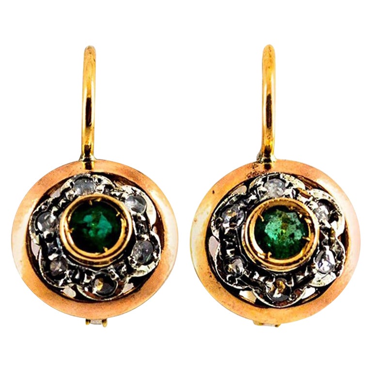 0.21 Carat White Rose Cut Diamond Emerald Yellow Gold Lever-Back Dangle Earrings For Sale