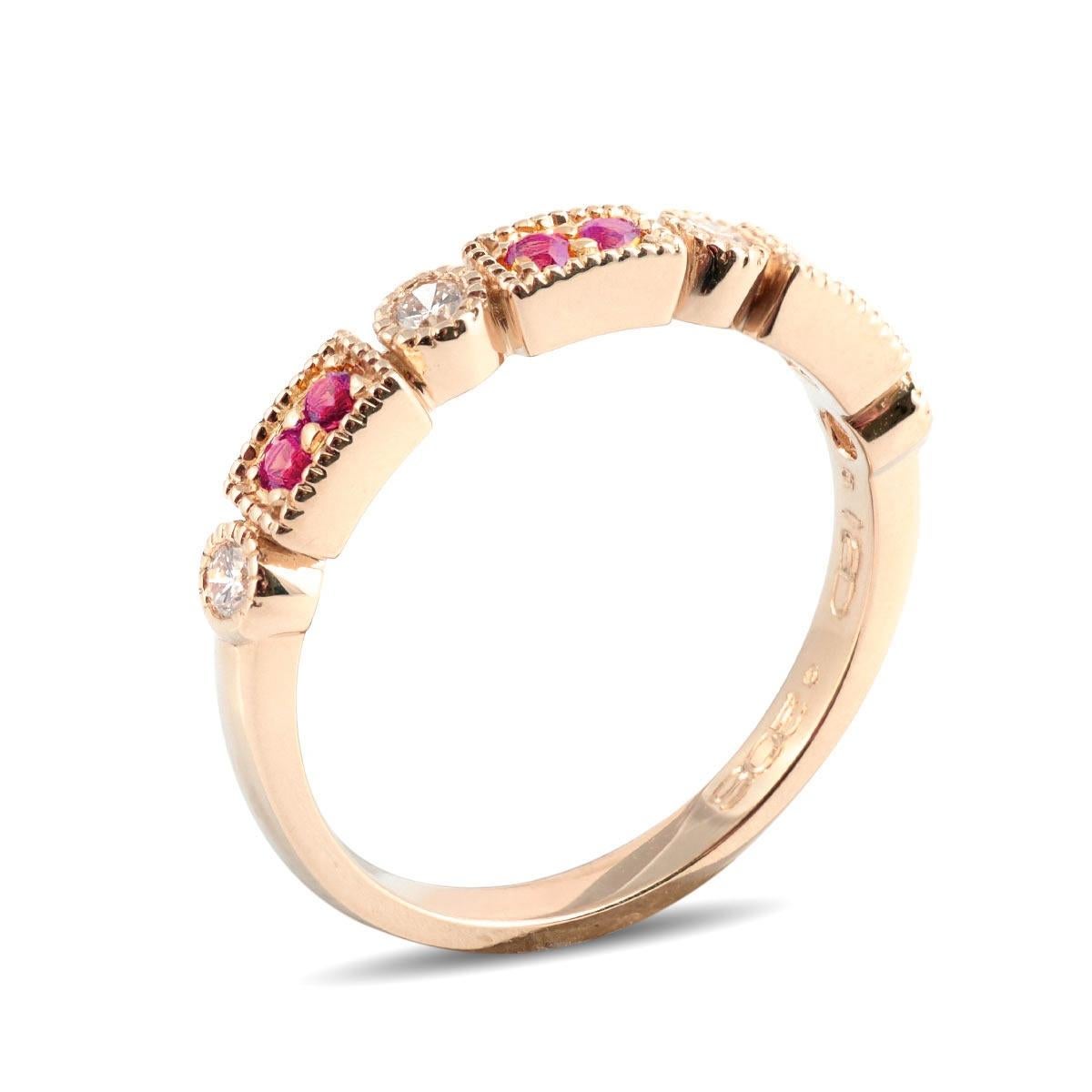 A colorful choice, here is a ring that comes set with 0.21 carats of luminous Pink Sapphires. Paired with diamonds in a 14K rose gold setting here is a ring right for any occasion. A subtle piece that adds color in the most elegant way, this is a