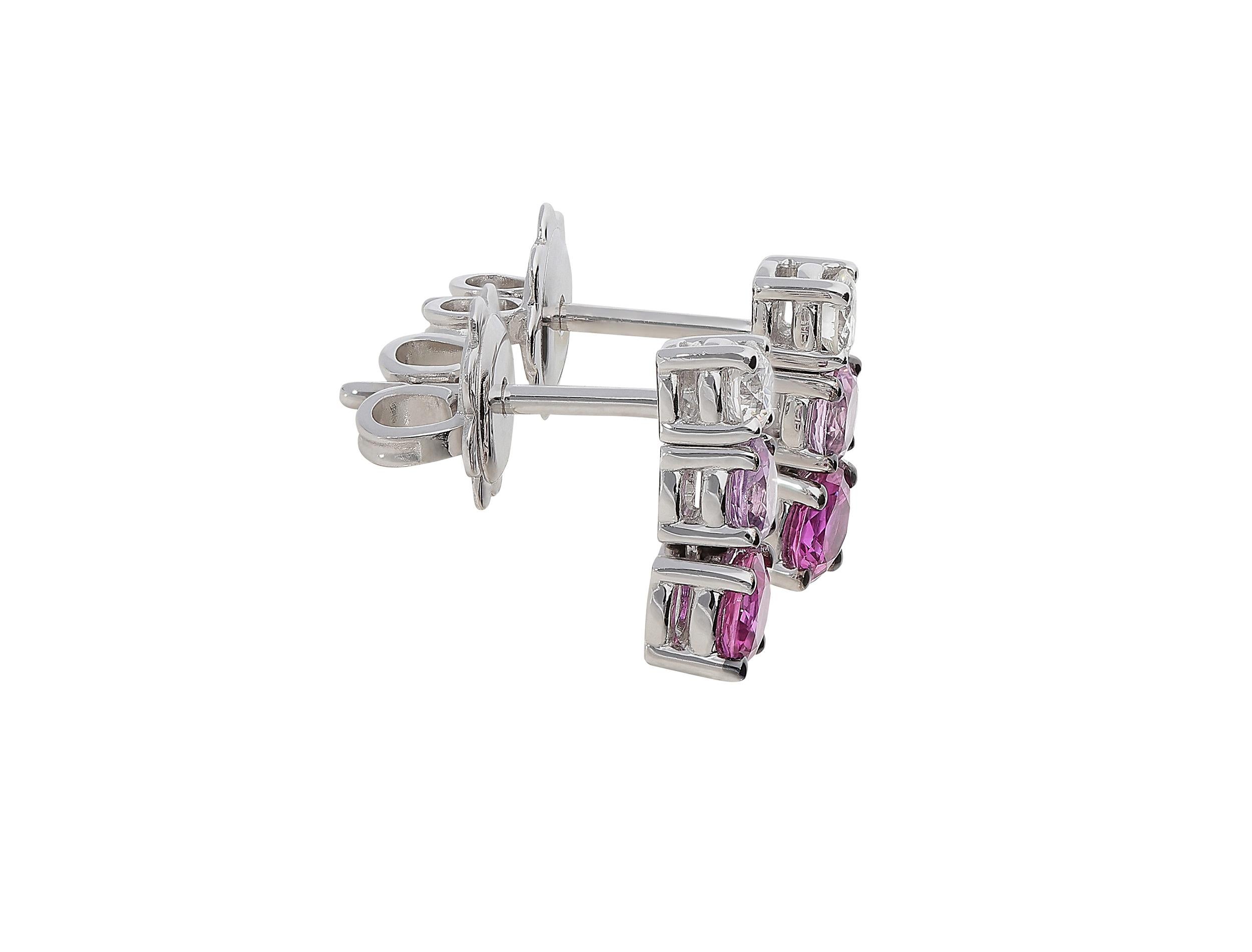Modern 0.21 White GVS Diamonds 0.51 Rubies 0.38 Pink Sapphires 18 Karat Gold Earrings For Sale
