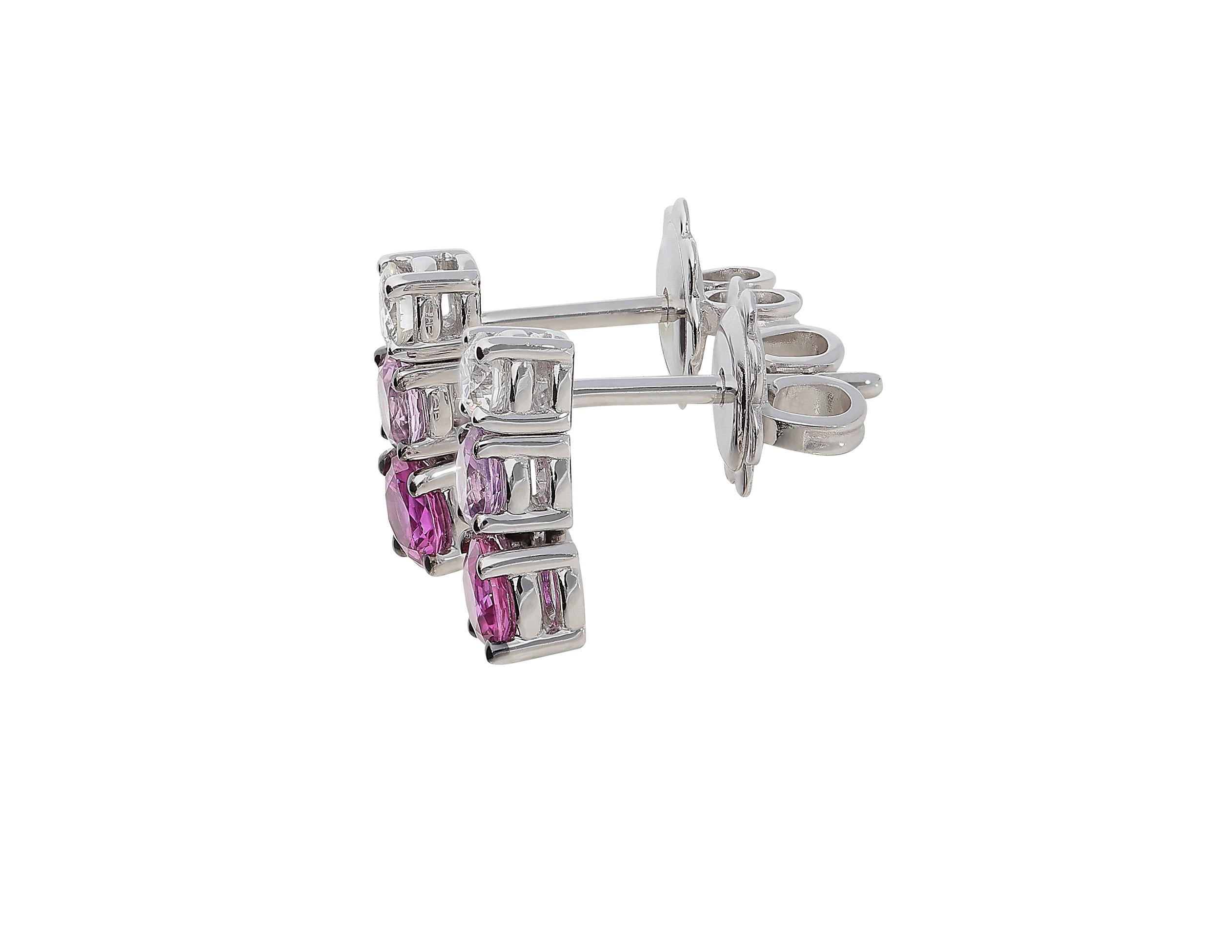 Round Cut 0.21 White GVS Diamonds 0.51 Rubies 0.38 Pink Sapphires 18 Karat Gold Earrings For Sale