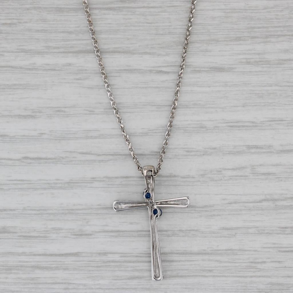 Round Cut 0.21ctw Blue Sapphire Diamond Cross Pendant Necklace 14k Gold 20