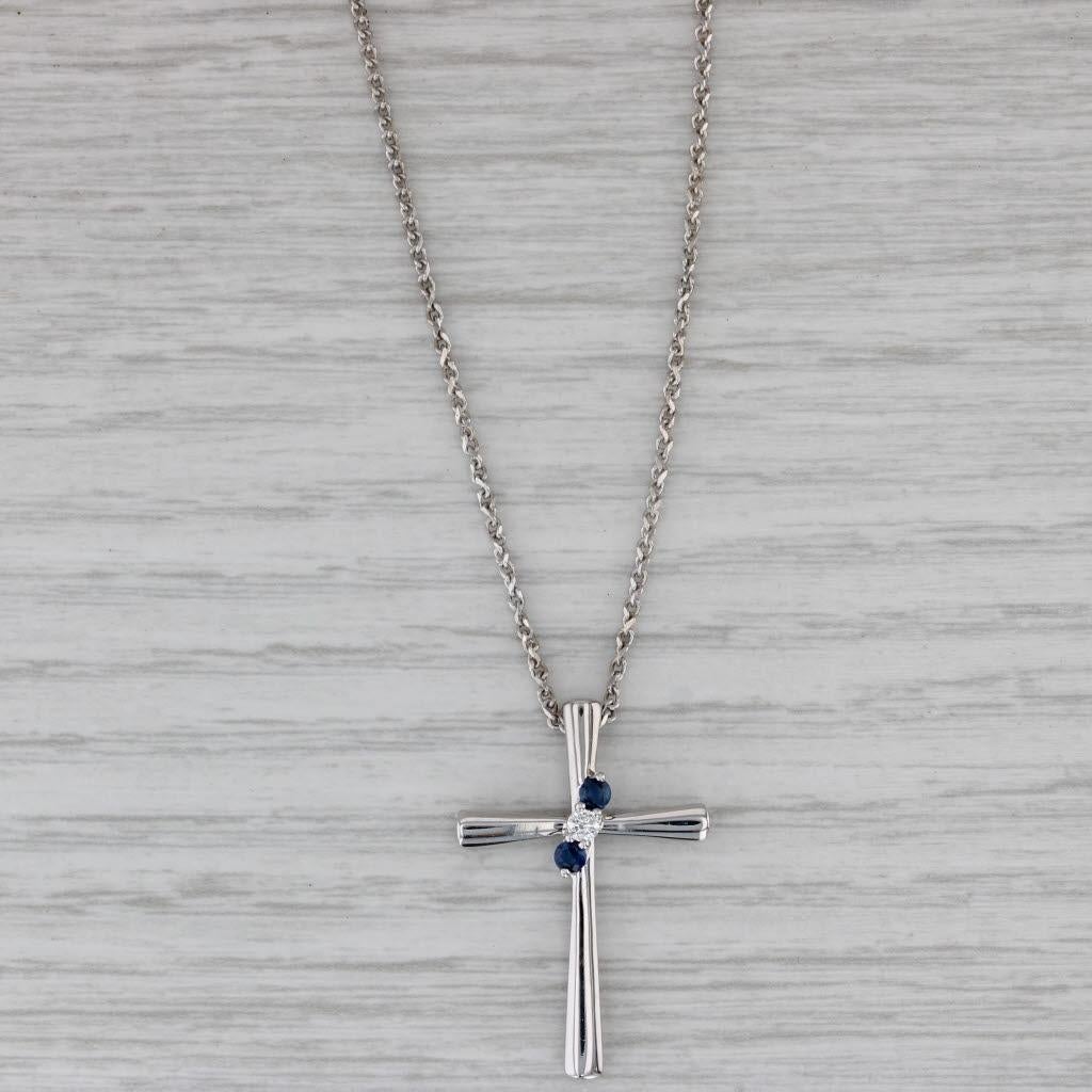 Women's or Men's 0.21ctw Blue Sapphire Diamond Cross Pendant Necklace 14k Gold 20