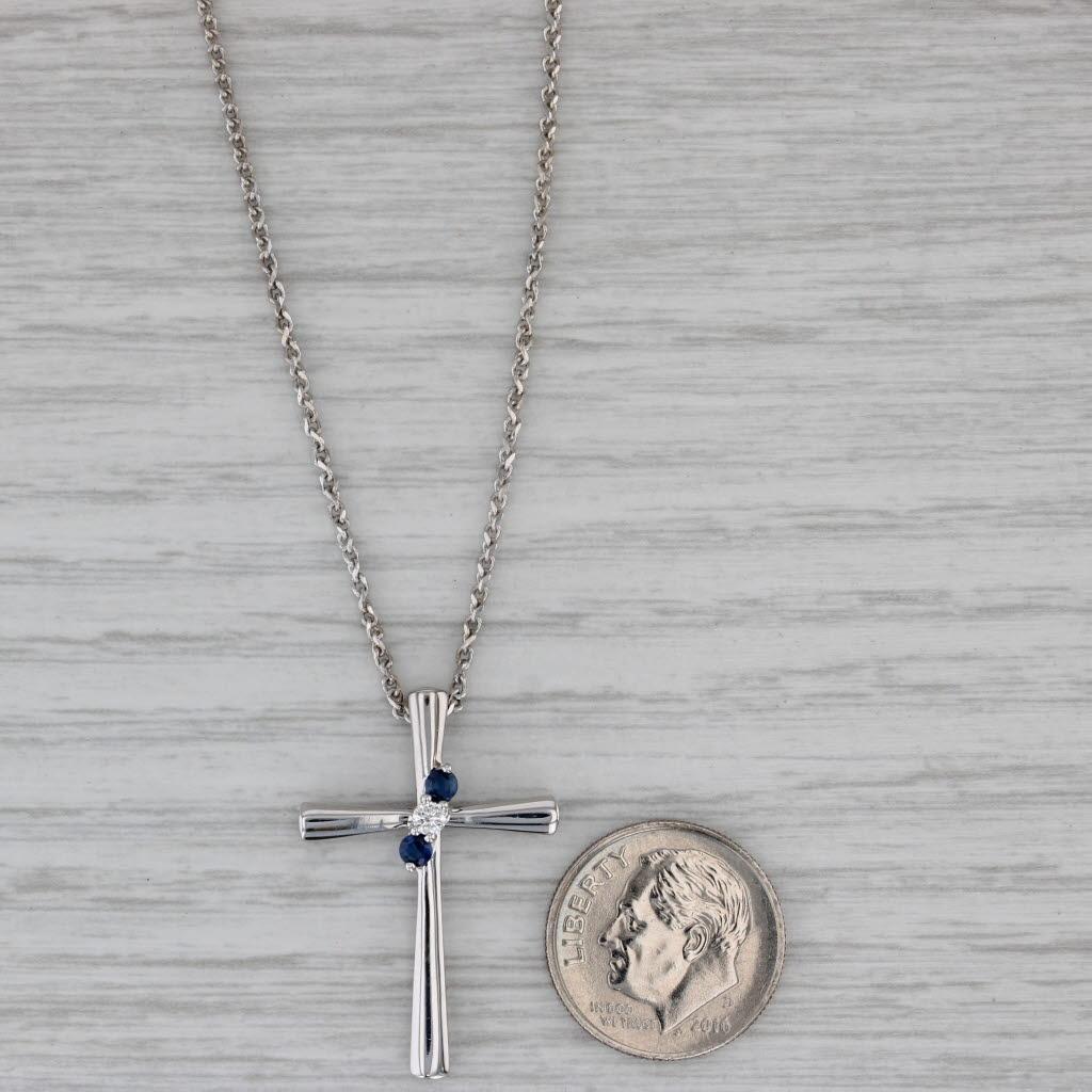 0.21ctw Blue Sapphire Diamond Cross Pendant Necklace 14k Gold 20