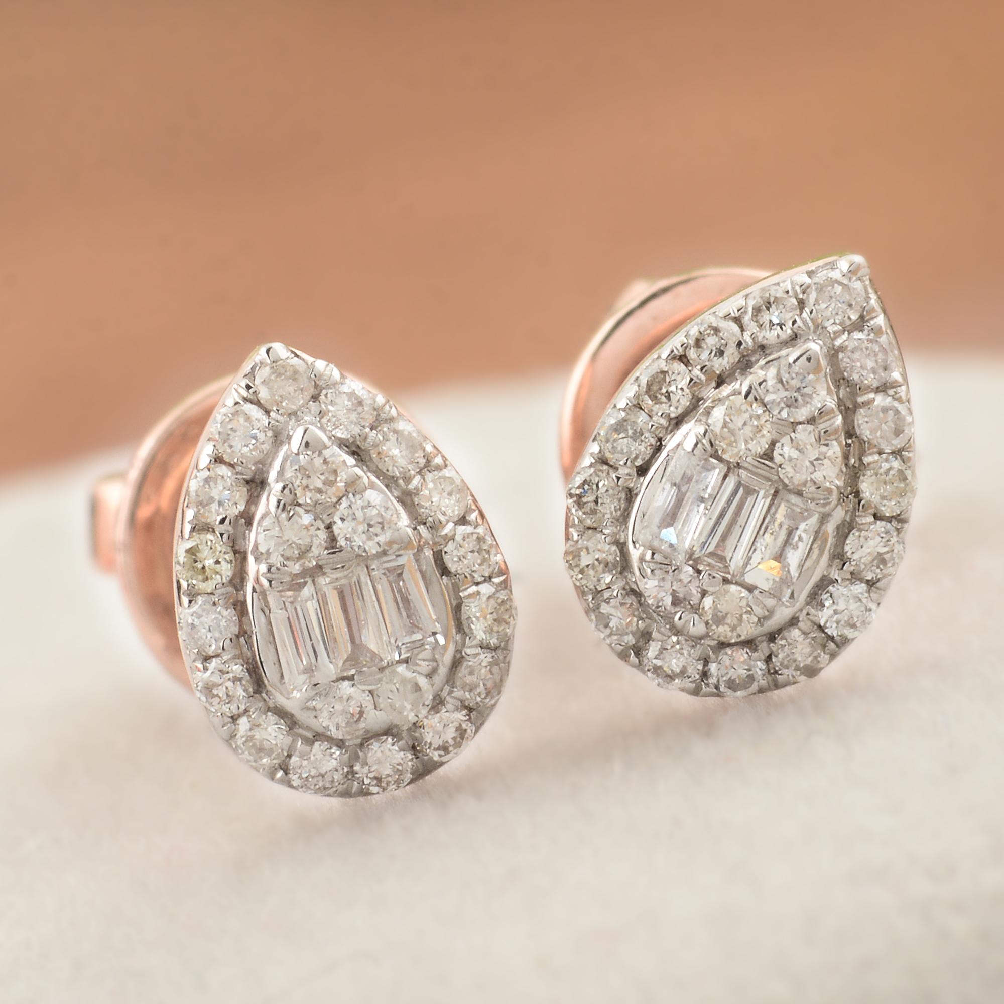 Modern 0.22 Carat Baguette Diamond Pear Stud Earrings Solid 10k Rose Gold Fine Jewelry For Sale