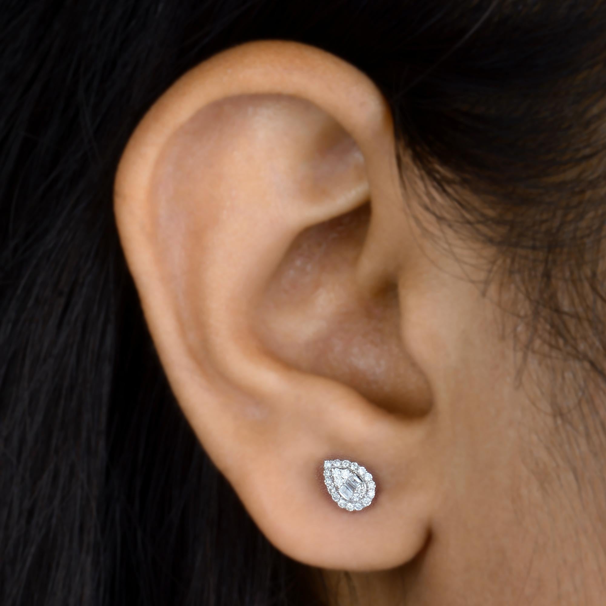 Baguette Cut 0.22 Carat Baguette Diamond Pear Stud Earrings Solid 10k Rose Gold Fine Jewelry For Sale