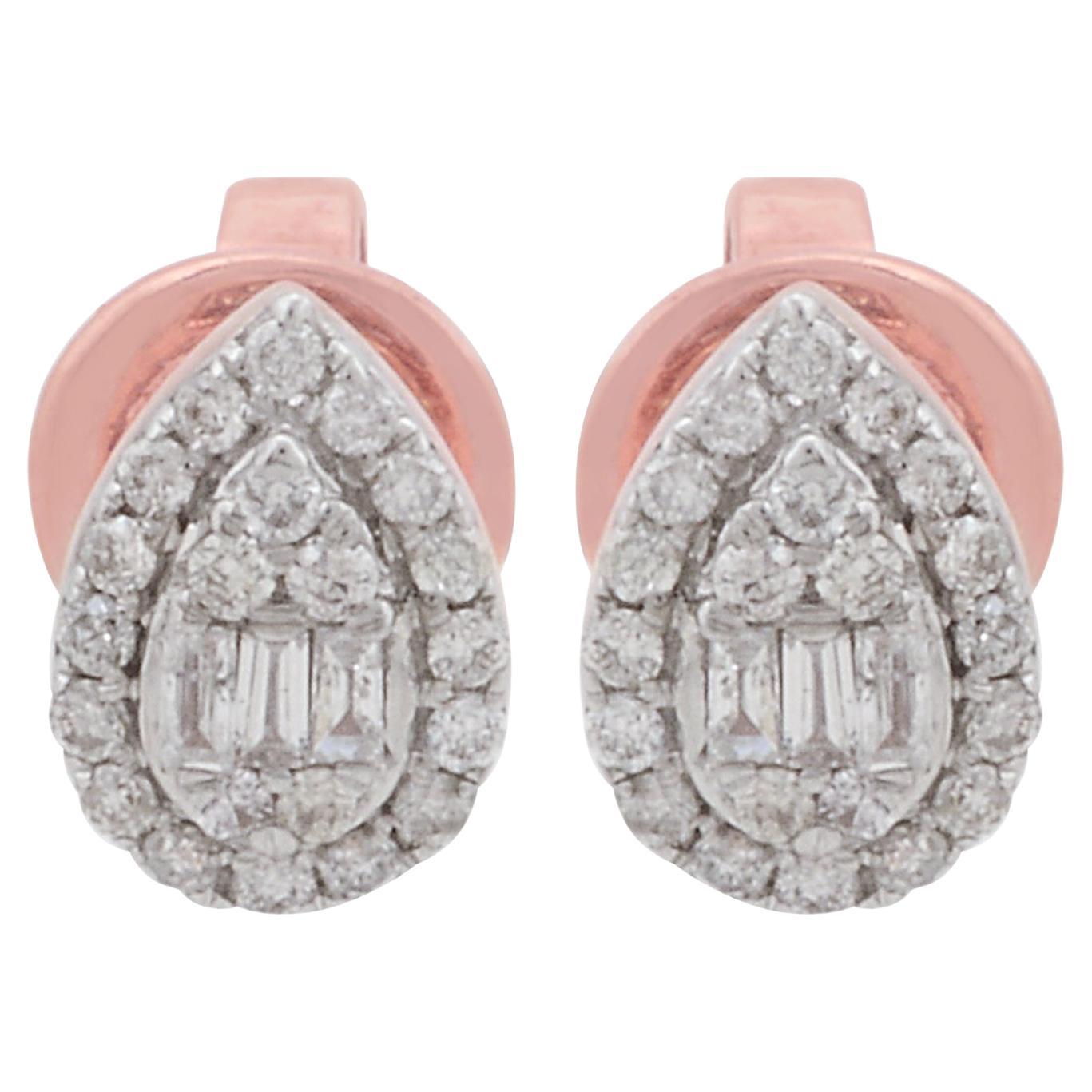 Clous d'oreilles en or rose 10 carats massif avec diamants taille poire baguette de 0,22 carat