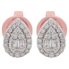 Clous d'oreilles en or rose 10 carats massif avec diamants taille poire baguette de 0,22 carat