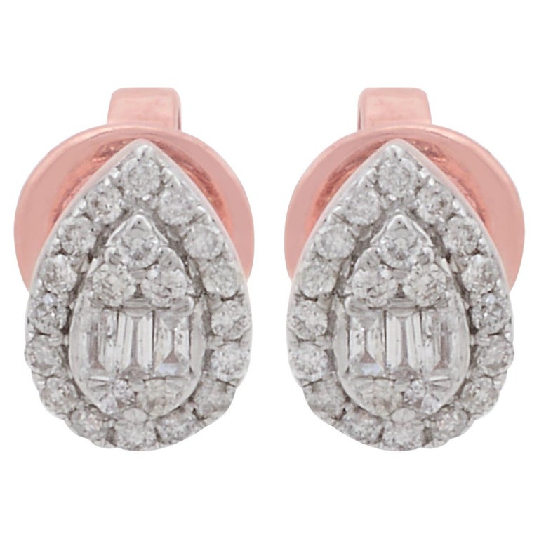 0.22 Carat Baguette Diamond Pear Stud Earrings Solid 10k Rose Gold Fine