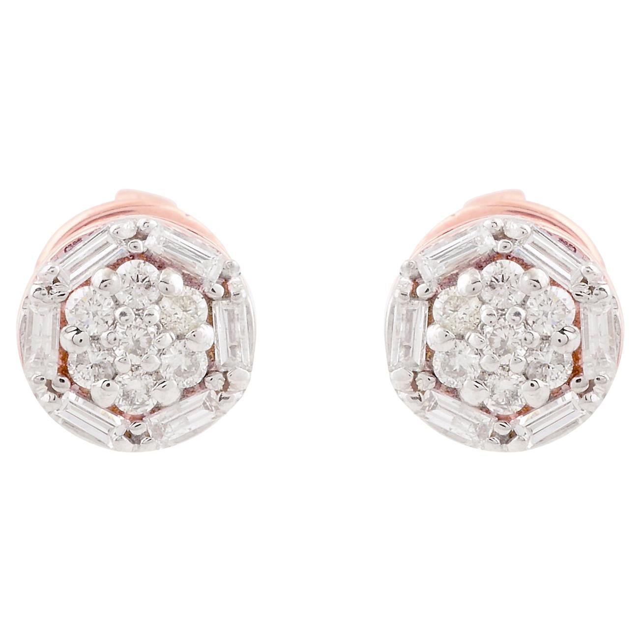 0.22 Carat Baguette Round Diamond Stud Earrings 10 Karat Rose Gold Fine Jewelry For Sale