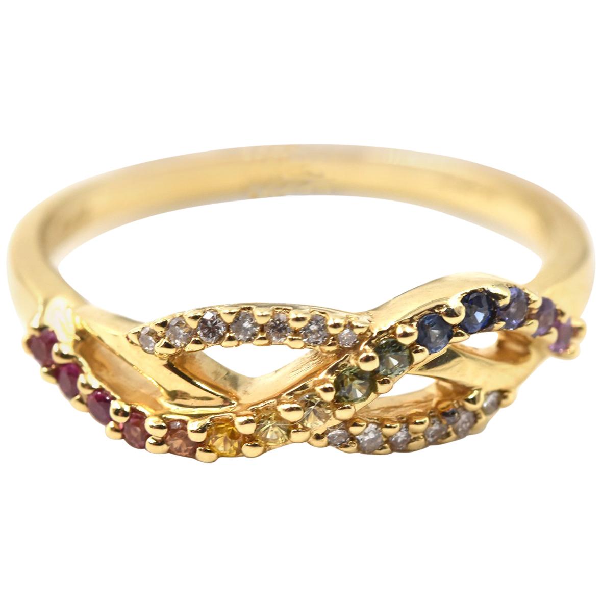 0.22 Carat Rainbow Sapphire and Diamond 14 Karat Yellow Gold Wave Ring For Sale