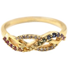 0.22 Carat Rainbow Sapphire and Diamond 14 Karat Yellow Gold Wave Ring
