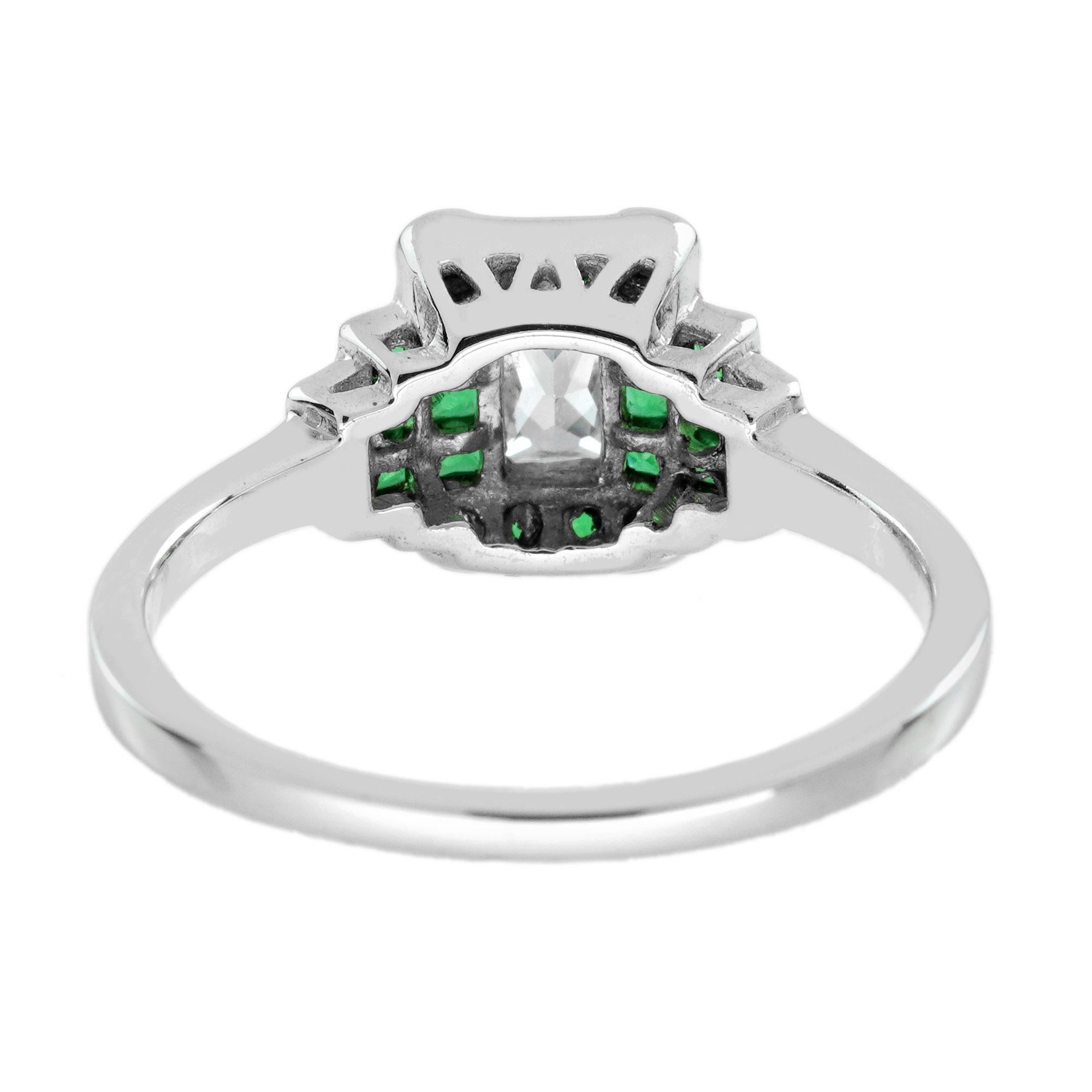Women's 0.22 Ct. Diamond and Emerald Step Shoulder Art Deco Style Ring in 18K White Gold For Sale