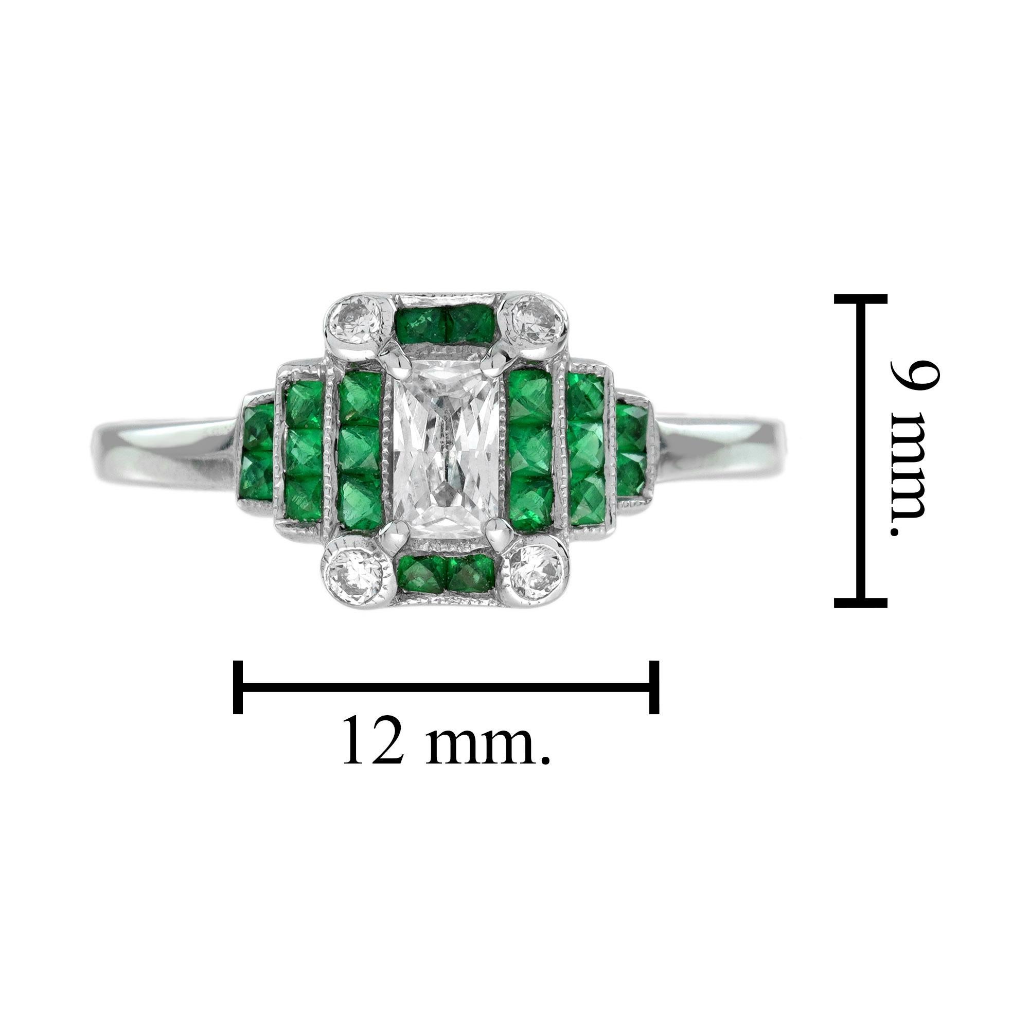 0.22 Ct. Diamond and Emerald Step Shoulder Art Deco Style Ring in 18K White Gold For Sale 2